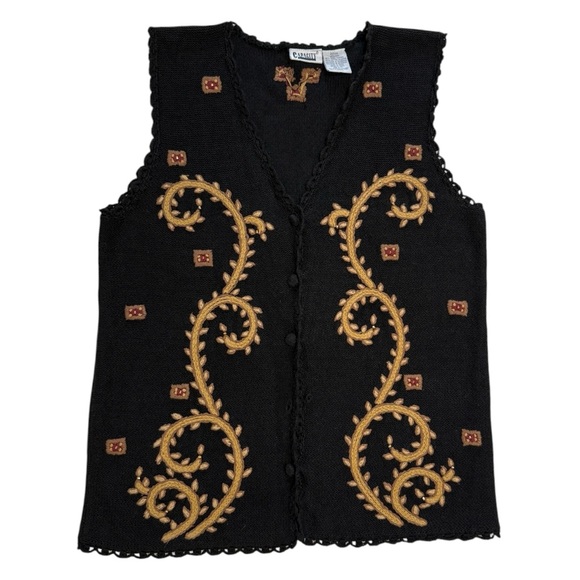 Capacity Vintage Black/Tan Embroidered Sweater Vest & Gold Beading - Picture 1 of 8